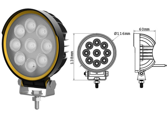 Luz de trabajo LED redonda de 27 W, 9-32 V, 2430 lm