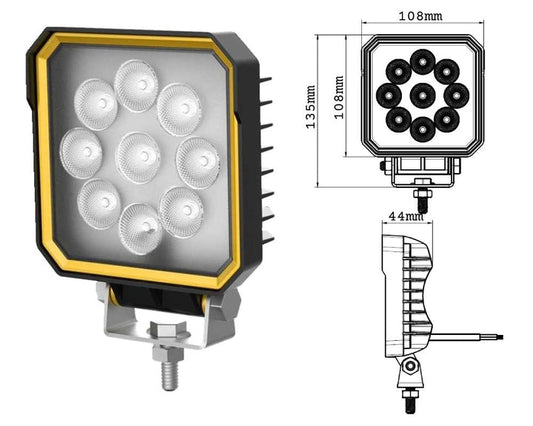Luz de trabajo LED cuadrada de 27 W, 9-32 V, 2430 lm