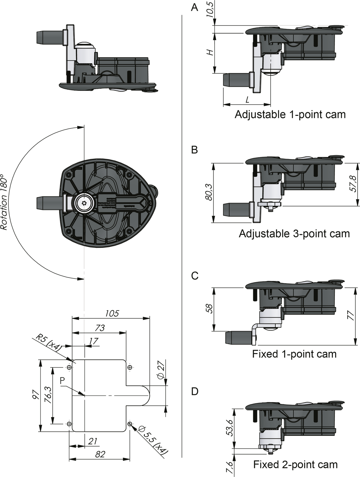 Maniglia Vector T1 nera con camma regolabile, chiave 805