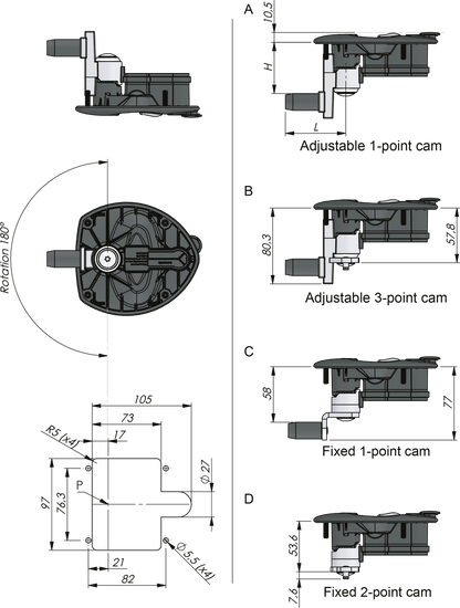 Maniglia Vector T1 nera con camma regolabile, chiave 805