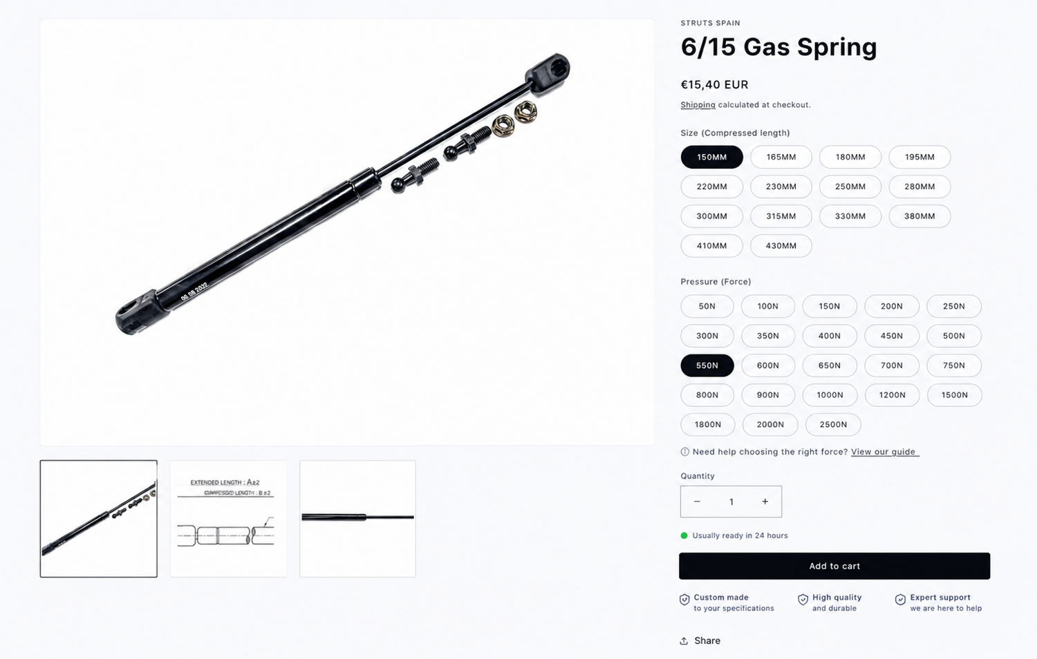 Resorte de gas 6/15 personalizado con longitud, fuerza y terminales configurables